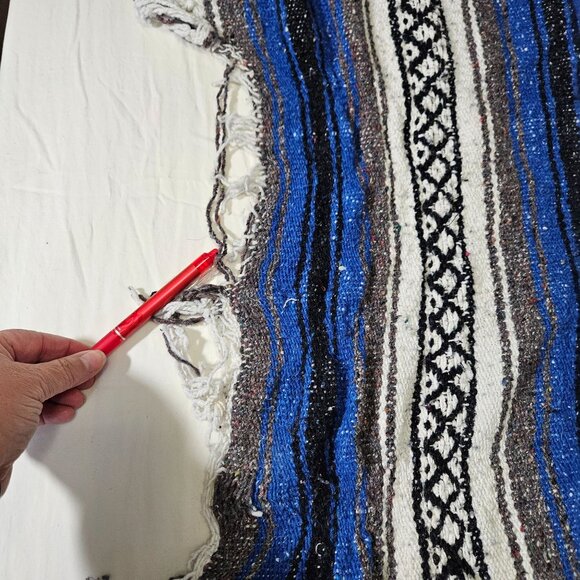 Vint Mexican Blanket Throw Baja Falsa Southwest Blue White Black Stripe 70"x48" - Picture 6 of 10